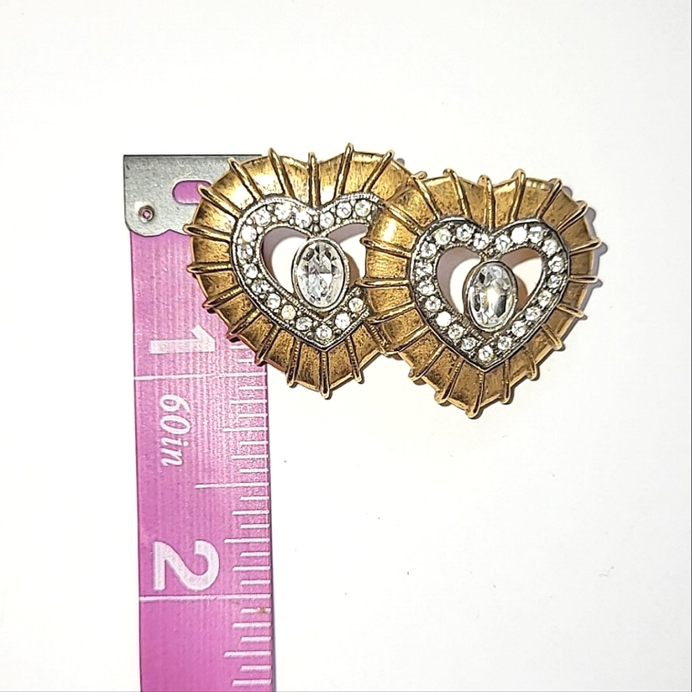 DOUBLE HEART RHINESTONE VINTAGE PIN BROOCH - Picture 3 of 6